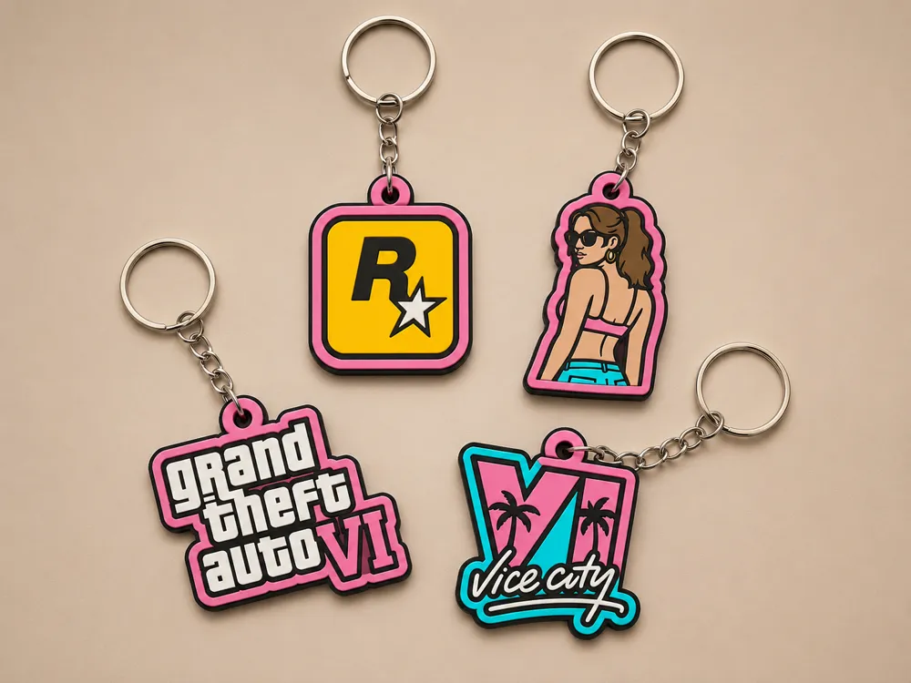 Four GTA VI keyrings: Rockstar logo, Lucia, the GTA VI logo and a Vice City VI
