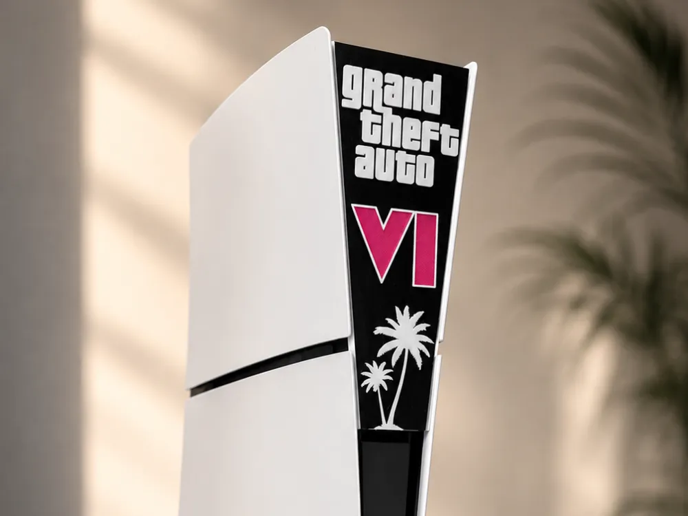 Black PS5 front cover strip with the GTA VI logo and palm trees